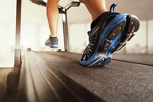 black-and-blue low-top sneakers, running, treadmills