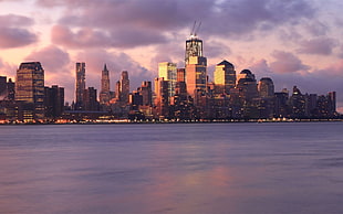 brown and white building painting, skyline, sunset, New York City, bay
