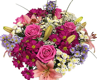 pink, white, green, and purple bouquet of flowers