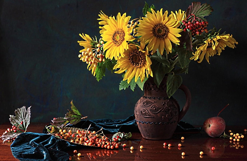 yellow sunflower on brown vase HD wallpaper