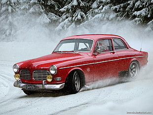 vintage red coupe, snow, santa, Santa Claus, drift