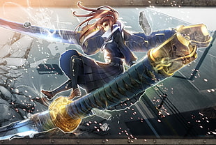 brown-haired female character wallpaper, original characters, katana, school uniform, sword