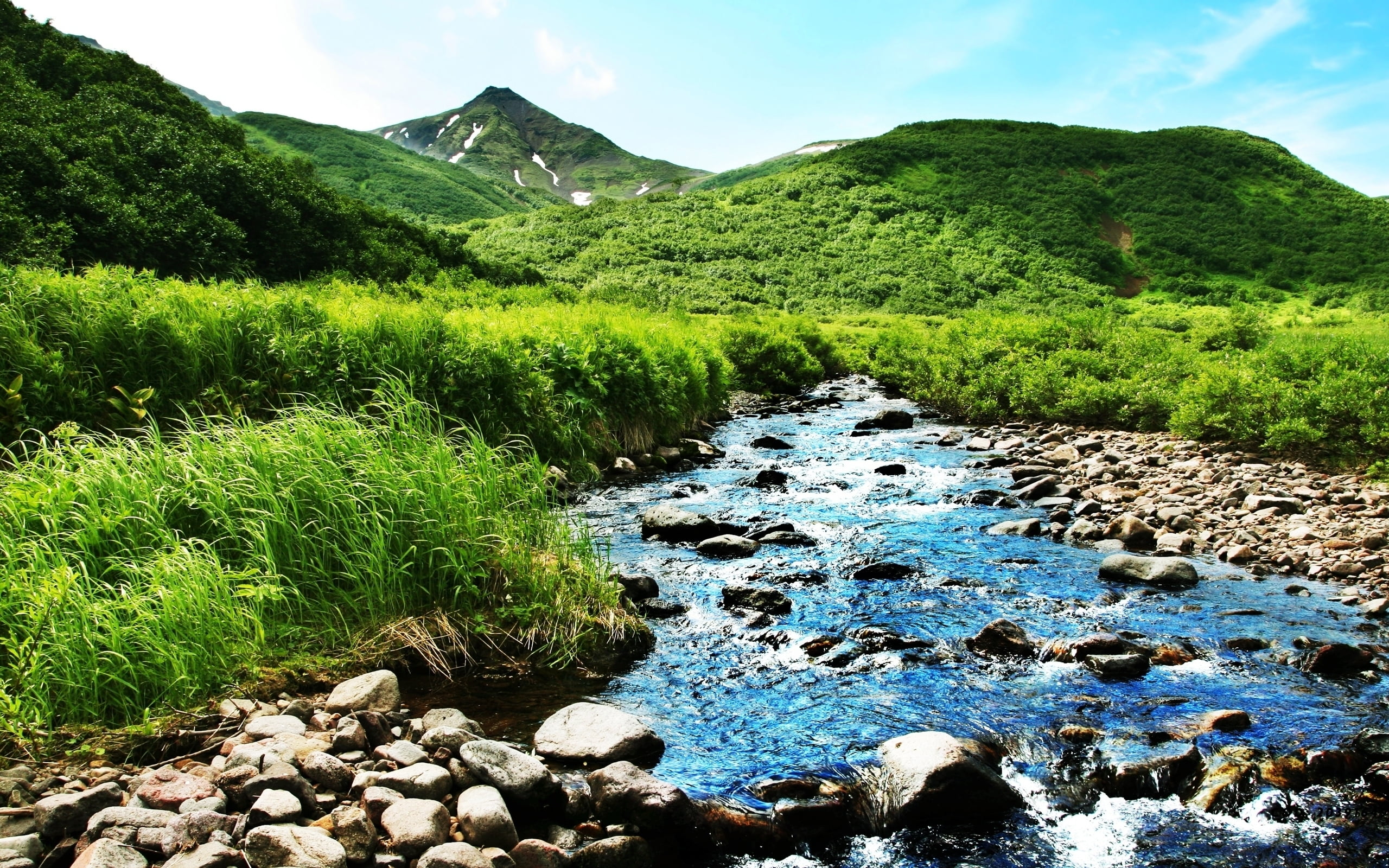 River Between Green Grass Photography Hd Wallpaper Wallpaper Flare