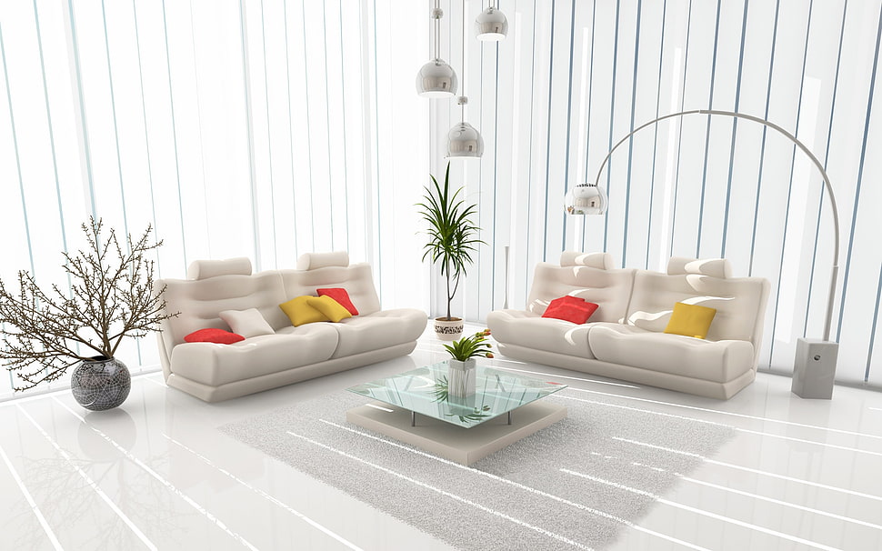 white suede loveseat and three seater couch setup HD wallpaper