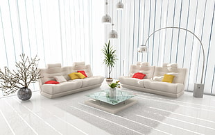 white suede loveseat and three seater couch setup