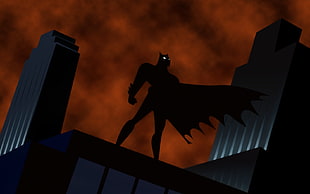 silhouette photo of Batman on top of building
