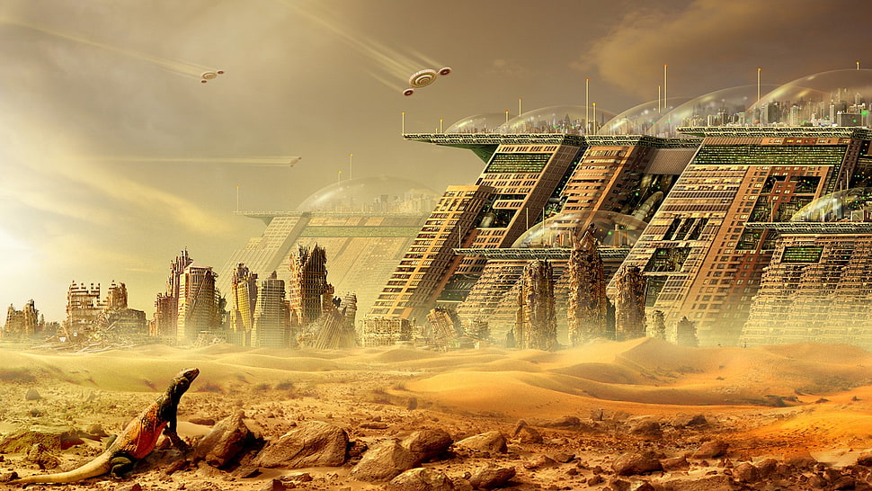 city digital wallpaper, science fiction, futuristic, desert, digital art HD wallpaper