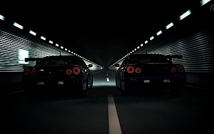 two black cars, Nissan GT-R, Nissan, road, tunnel