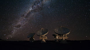 three gray satellites, space, space art, stars, antenna