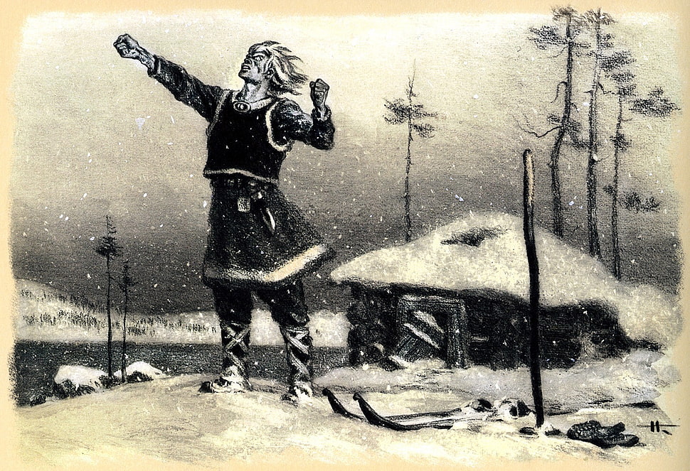 man standing on snow painting, painting, Vikings, fantasy art, old HD wallpaper