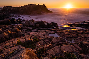 sunset over rocky shore, barra HD wallpaper
