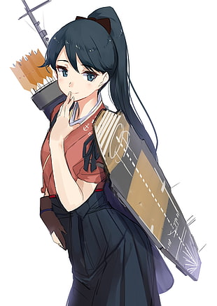 female anime character carrying quiver, Houshou (KanColle), Kantai Collection, weapon, white background