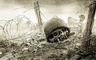 soldier skull with m-1 helmet in sepia photography