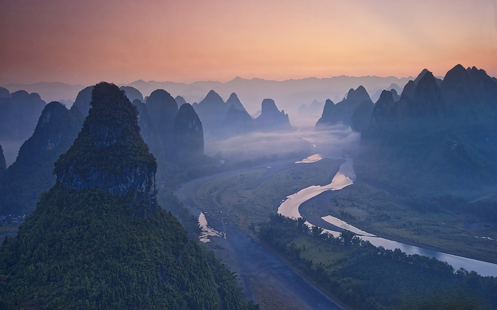 mountains, nature, landscape, river, mist HD wallpaper