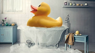 yellow duck toy, artwork, rubber ducks, bathroom, bathtub