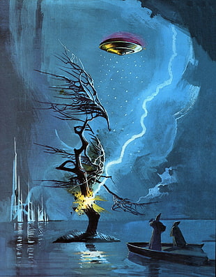 UFO flying over leafless tree struck by lightning near two person on boat painting, artwork, painting, science fiction, Bruce Pennington