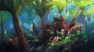 woman sitting on green grass beside brown animal animated illustration HD wallpaper