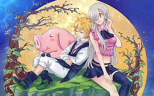 couple and pig near trees in animated photo