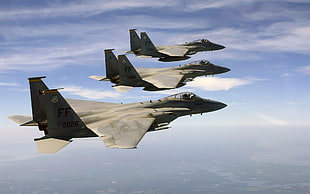 three grey jetplanes, airplane, F-15, McDonnell Douglas F-15 Eagle HD wallpaper