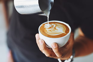white ceramic tea cup with cappuccino HD wallpaper