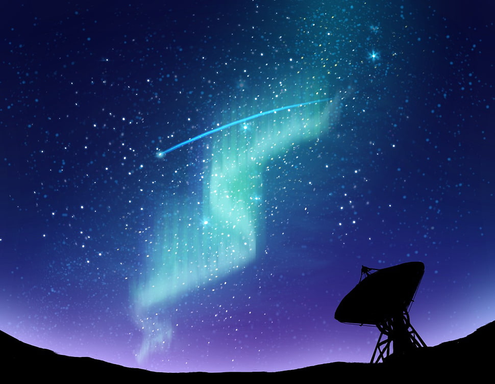 blue aurora borealis, anime, sky, stars, antenna HD wallpaper