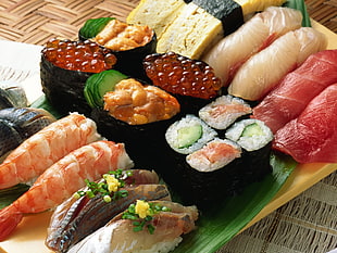 sushi and fried fish and shrimp dish HD wallpaper