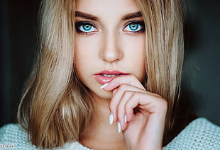women's white top, women, blonde, face, blue eyes HD wallpaper