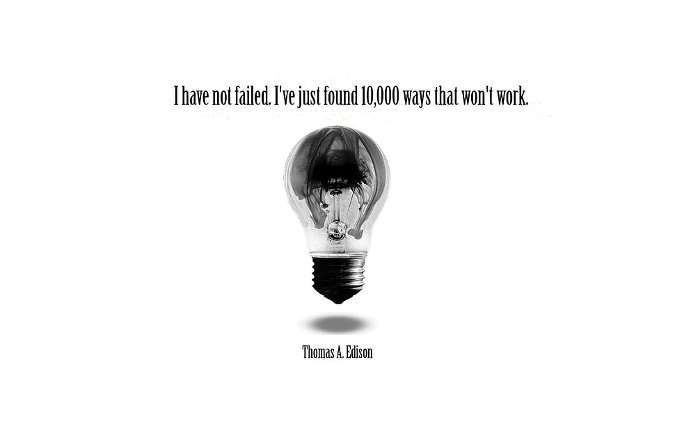 light bulb with text overlay, Thomas Alva Edison, lamp, text, quote HD wallpaper