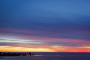 body of sea, Sky, Sunset, City HD wallpaper