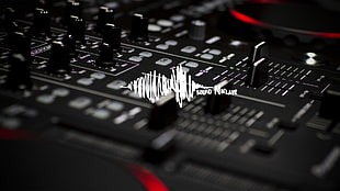 black audio mixer with text overlay, sound, mixing consoles, techno, consoles