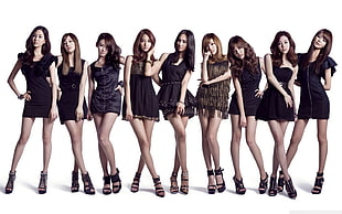 women's black sleeveless mini dress, group of women, Asian, Korean, SNSD