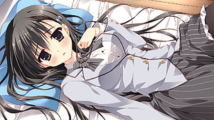 black haired girl anime in school uniform lying on bed
