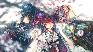three female anime characters laying on ground with flowers