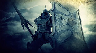 knight with spear and shield illustration, Demon's Souls, video games, shield, armor