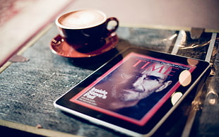 Time Magazine near teacup and saucer HD wallpaper