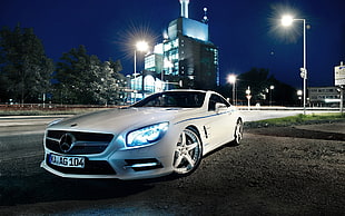 white Mercedes-Benz sedan, Mercedes-Benz, car, night, white cars