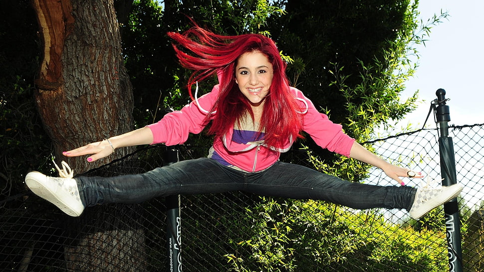 women's pink zip-up jacket, Ariana Grande, redhead, women, dyed hair HD wallpaper