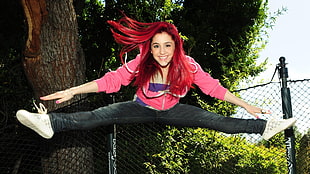 women's pink zip-up jacket, Ariana Grande, redhead, women, dyed hair