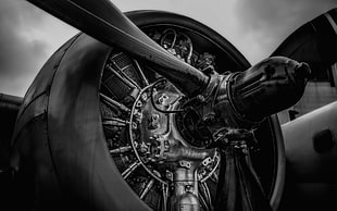 black airplane grayscale photo, star engine, vehicle, monochrome, machine