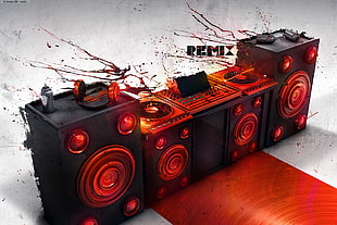 DJ controller on top of PA speaker digital wallpaper, music, CGI, render, digital art