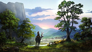 person riding on animal digital wallpaper, fantasy art, landscape, looking into the distance