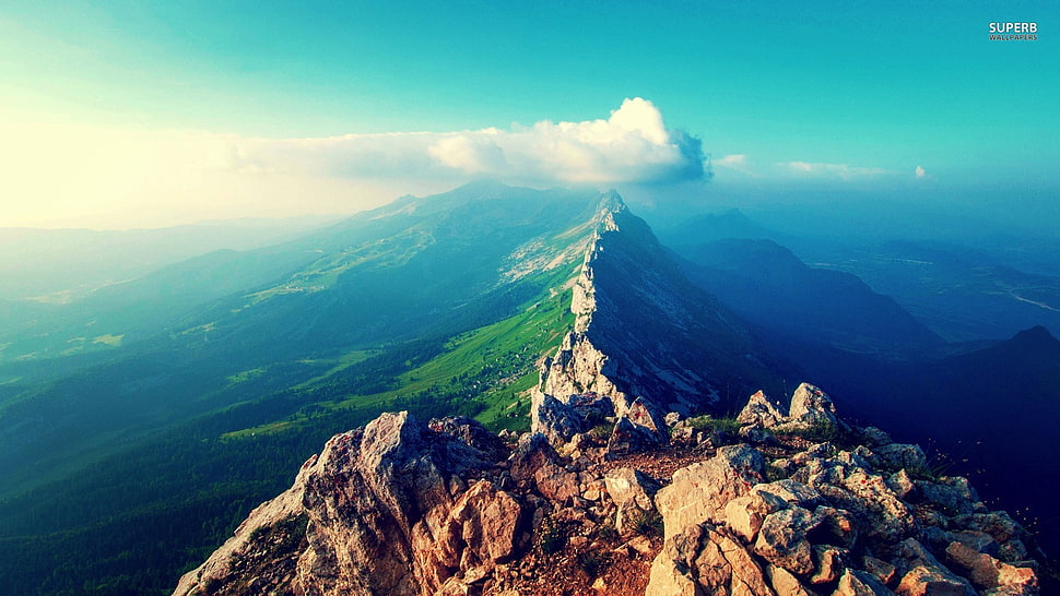 brown cliff, landscape, mountains, clouds, sky HD wallpaper