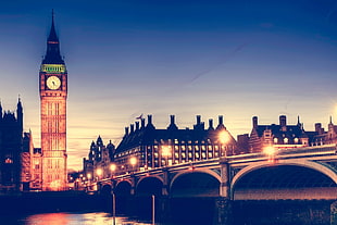 Big Ben, London, night, London, river, bridge