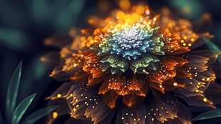 brown and green flower, fantasy art, fractal flowers, depth of field, digital art