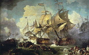 painting of sailships, painting, battle, classic art, ship HD wallpaper