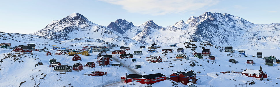 red and white houses on snow mountain, Greenland, village, snow HD wallpaper