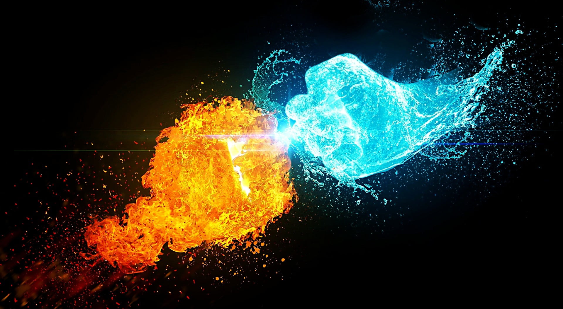 cold and heat fist digital wallpaper, fists, water, fire