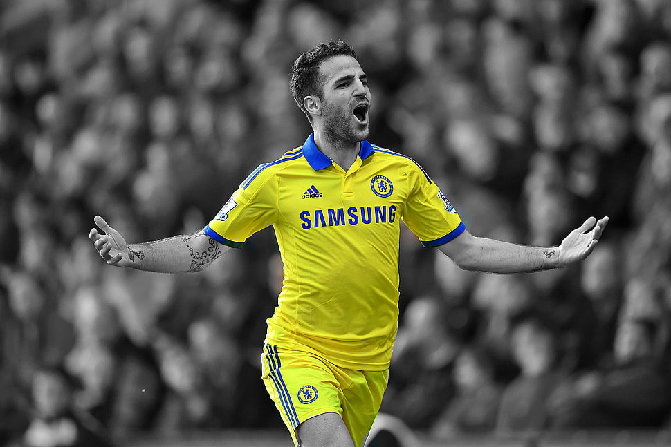 yellow and blue adidas football jersey, Cesc Fabregas, Chelsea FC, selective coloring, soccer HD wallpaper