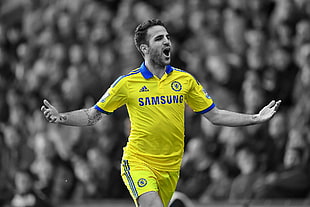 yellow and blue adidas football jersey, Cesc Fabregas, Chelsea FC, selective coloring, soccer