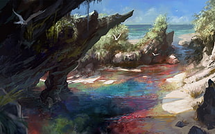 rocks near body of water canvas painting, fantasy art, landscape HD wallpaper